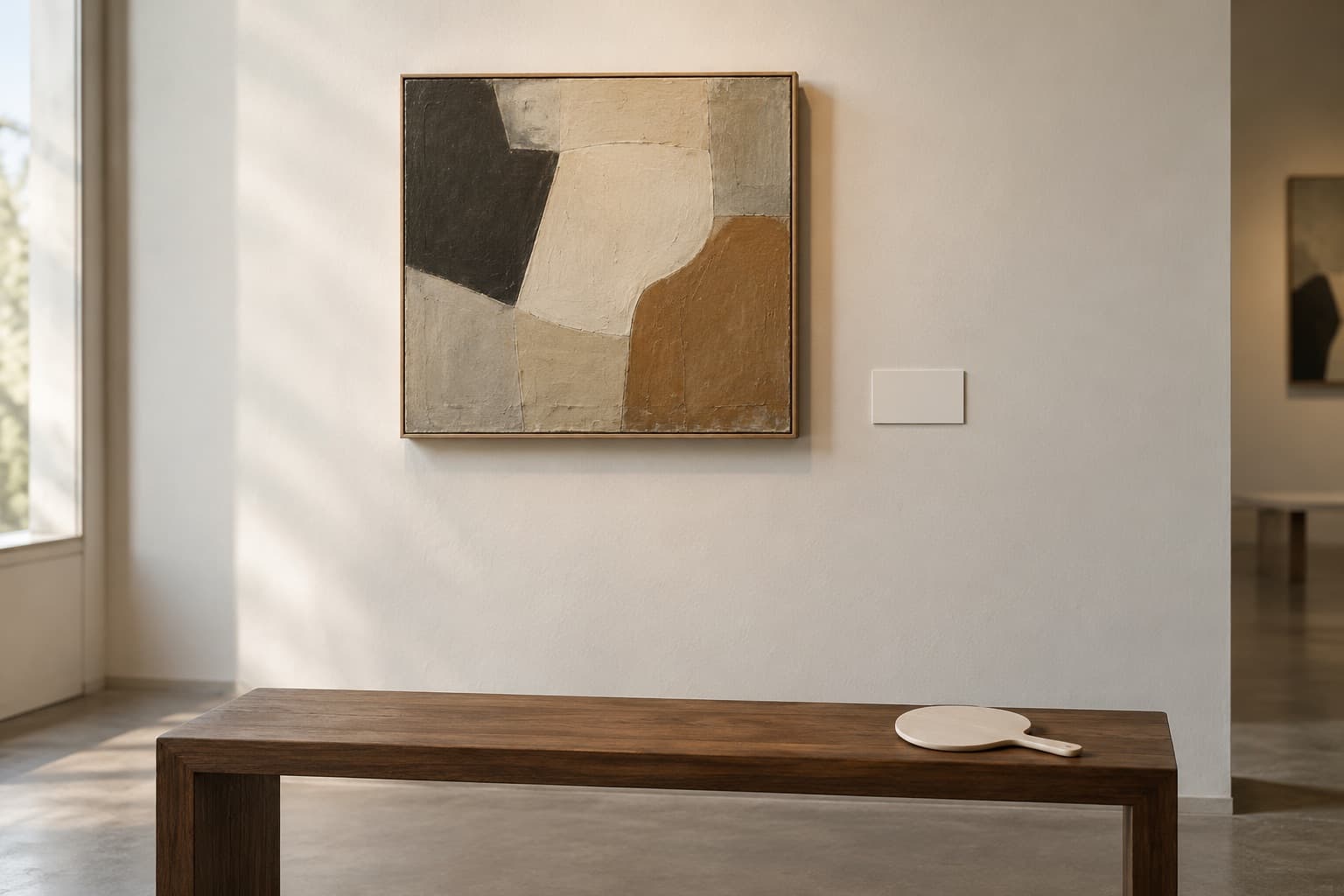 Small abstract painting with a blank wall label and an auction paddle on a bench