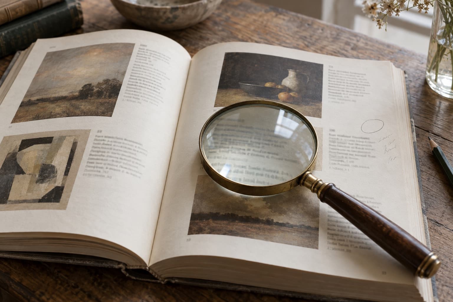 Magnifying glass over a lot entry in an open auction catalogue