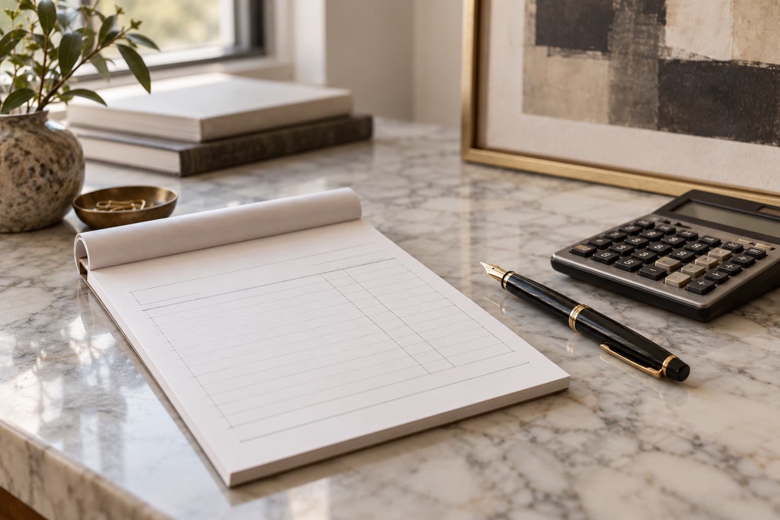 Invoice pad, pen and calculator on a marble desk