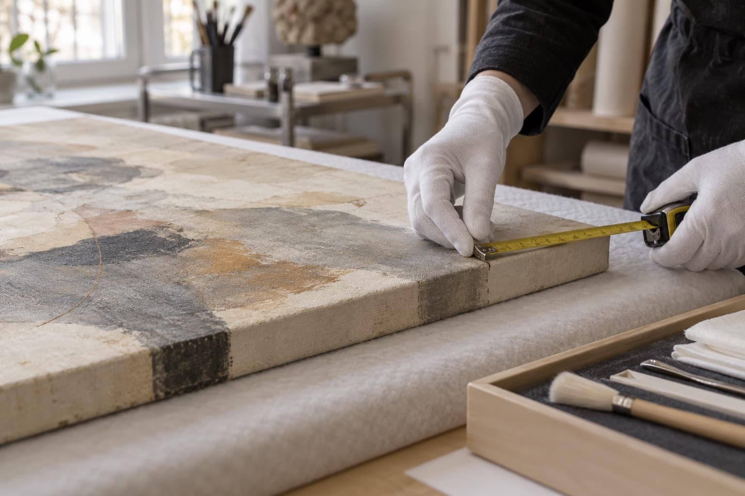 Gloved hands measuring an unframed canvas with a tape measure