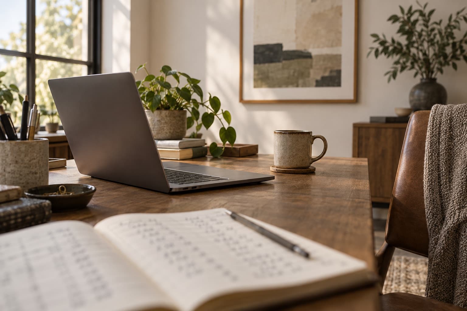 Advisor's desk with a laptop and a ledger under a small framed artwork