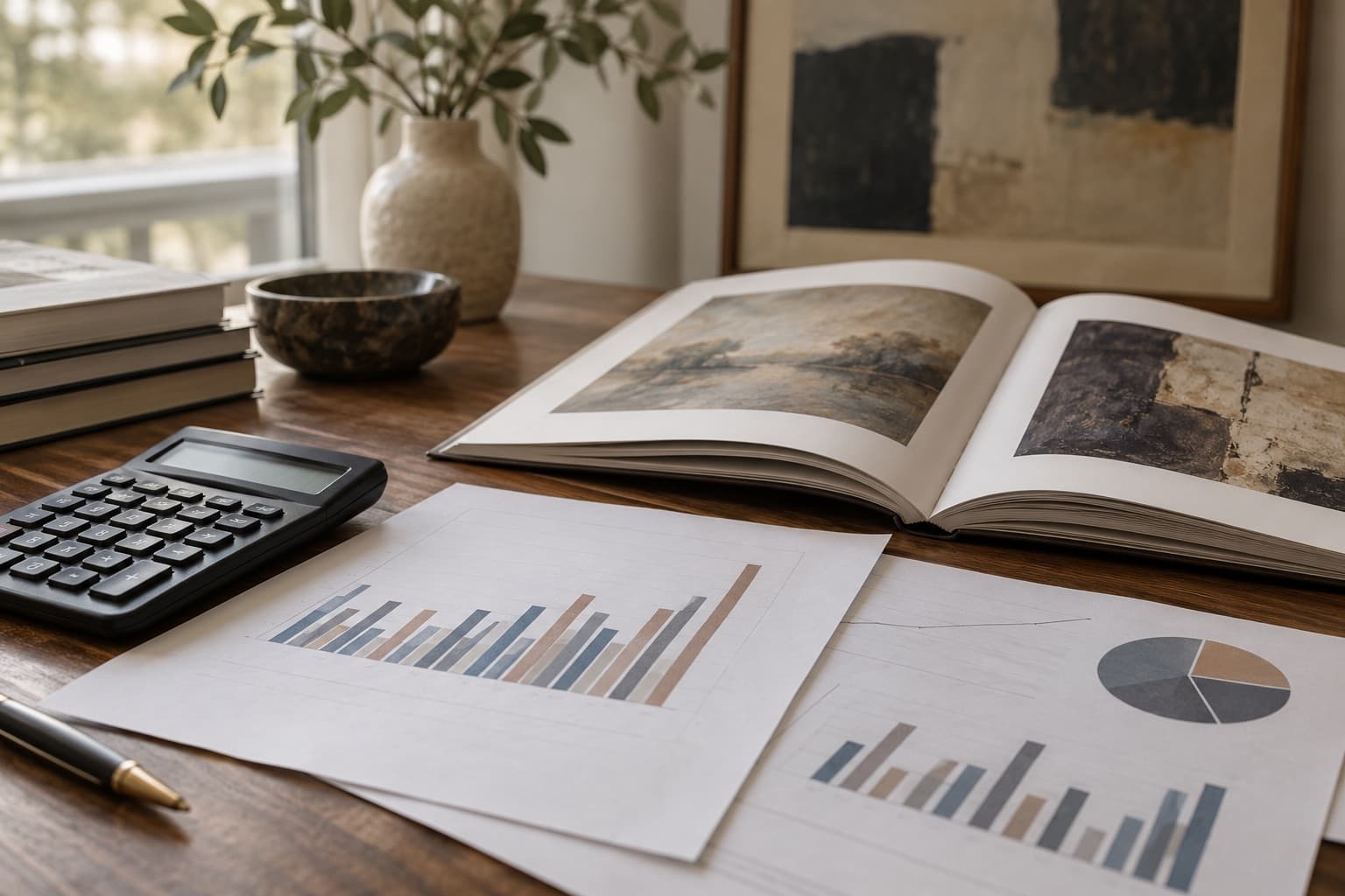 Printed charts and a calculator beside an auction catalogue