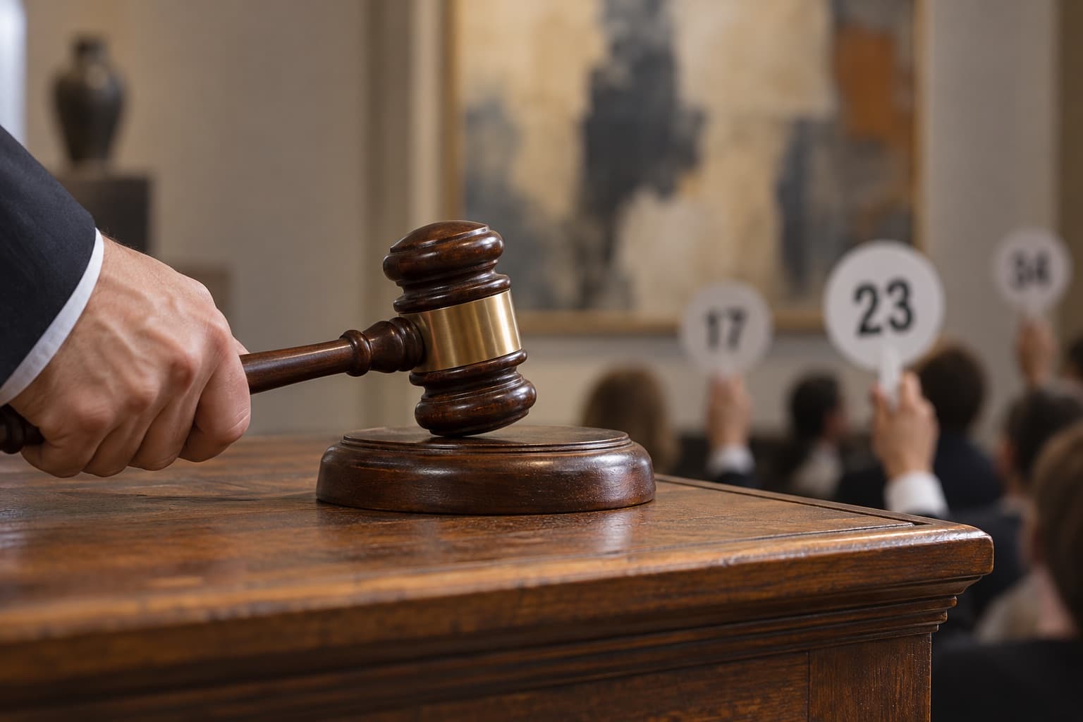 Wooden gavel striking the block on an auction rostrum