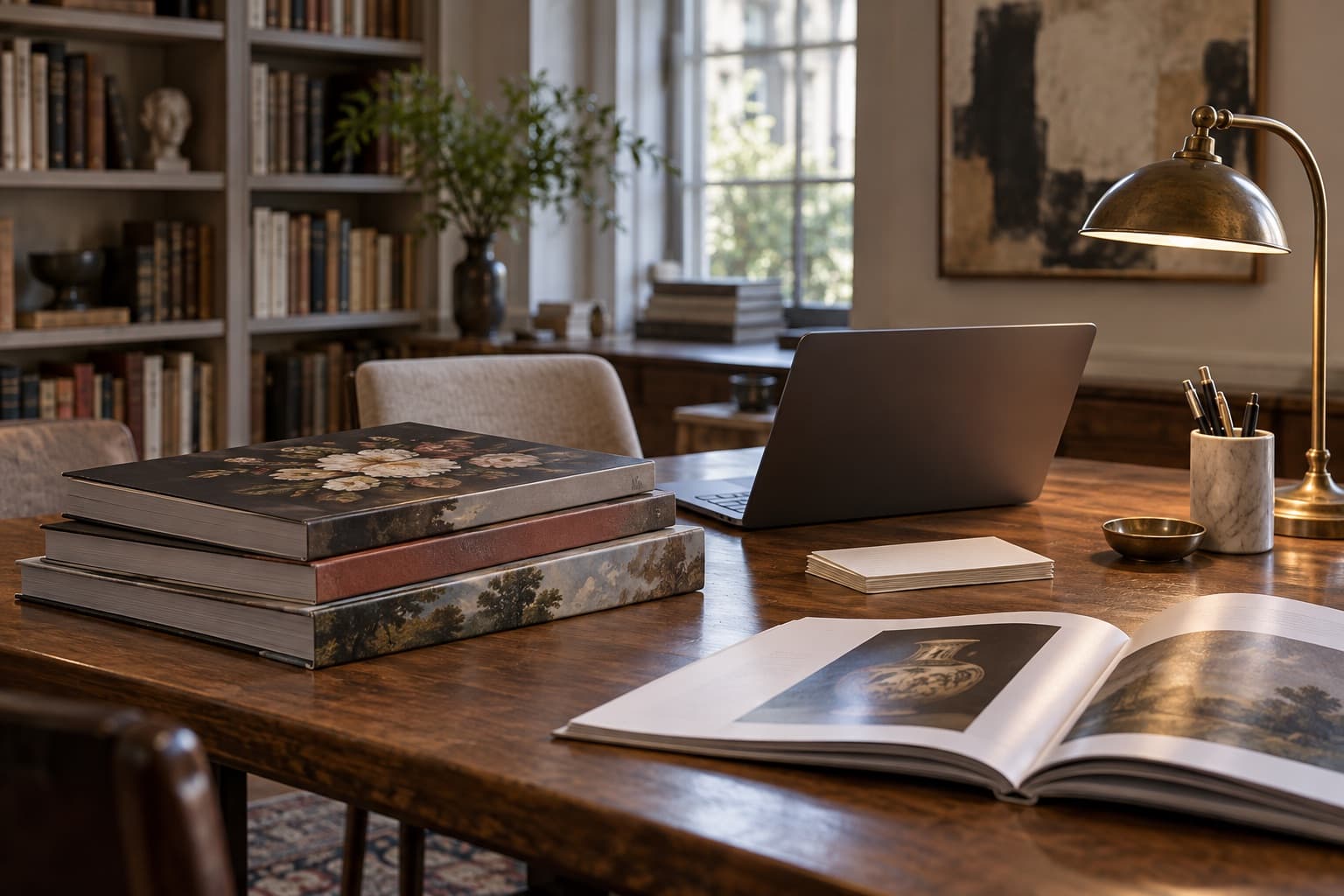 Stacked auction catalogues, a laptop and index cards on a library table