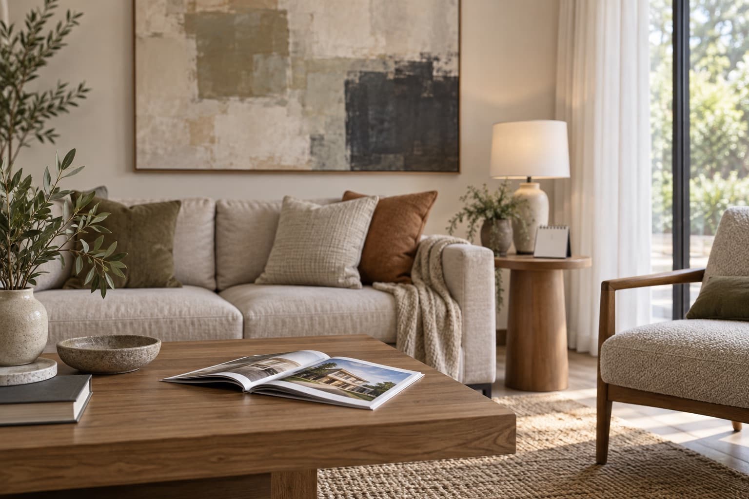 Staged living room with a large abstract painting and a property brochure on the table