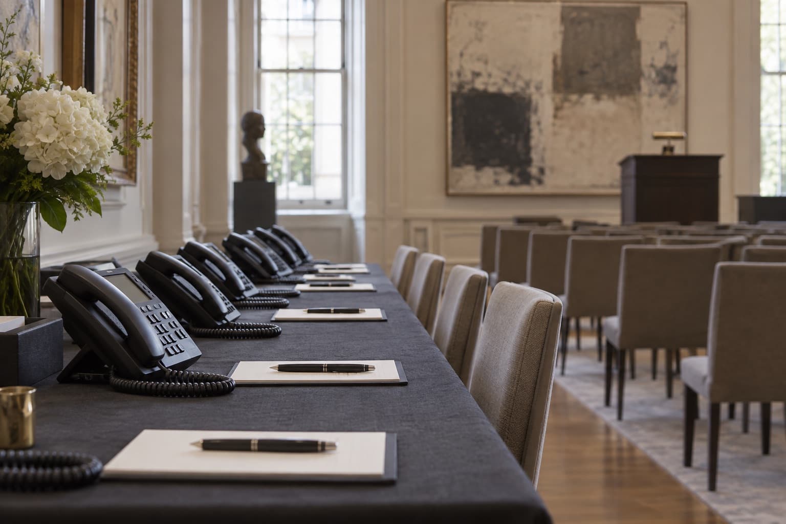 Row of desk phones at an auction house telephone bidding bank