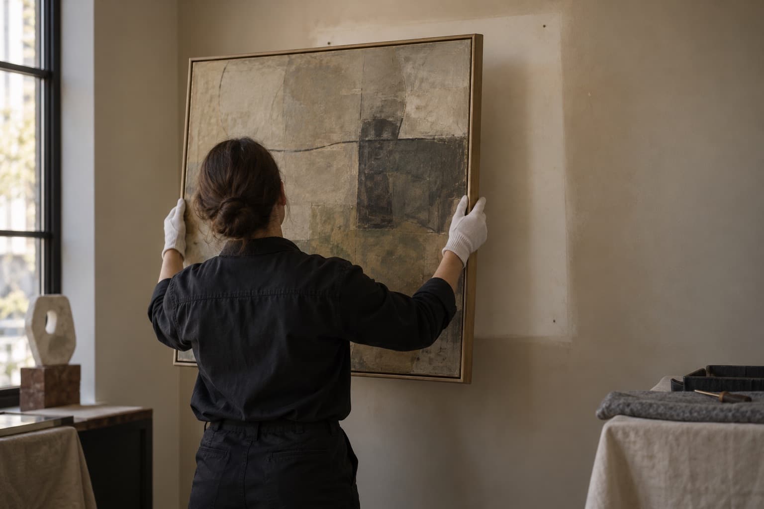 Handler lifting a framed painting off a wall, leaving a pale outline