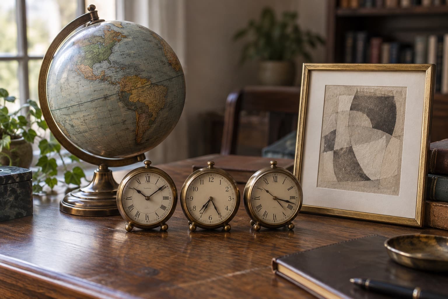 Globe and world clocks on a desk beside a small framed drawing