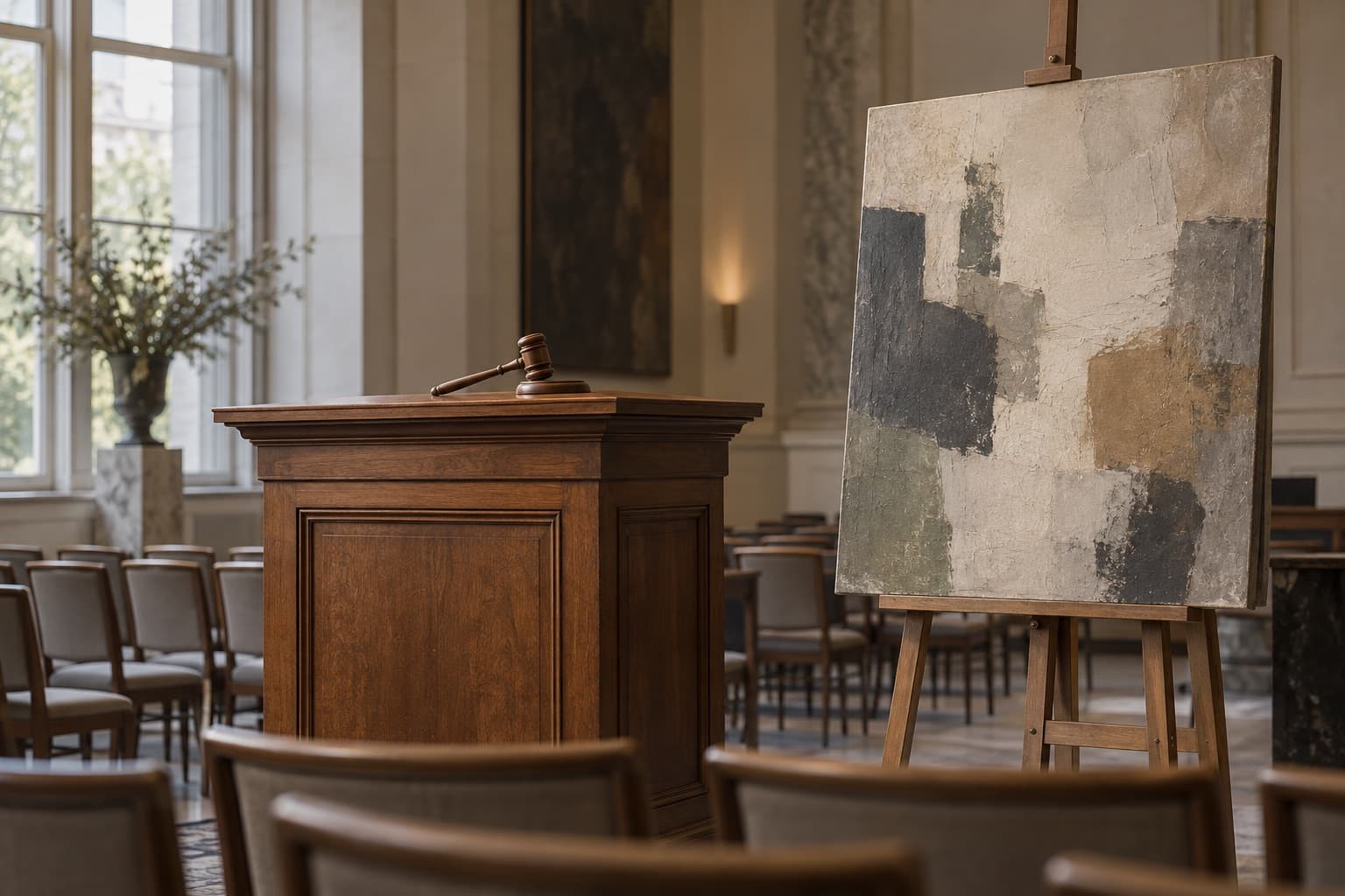 Gavel resting on an auction rostrum beside a painting on an easel