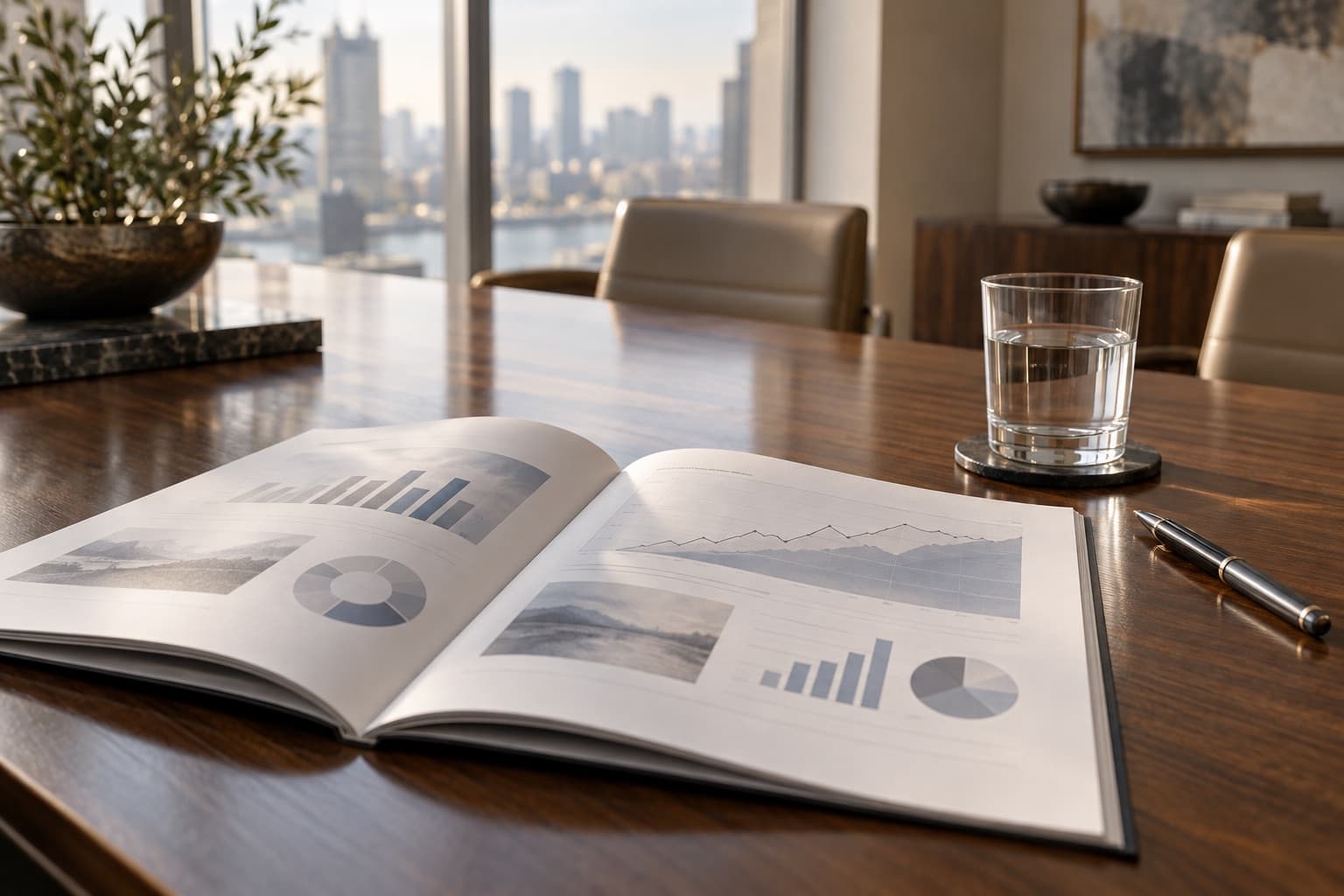 Annual report with charts open on a boardroom table