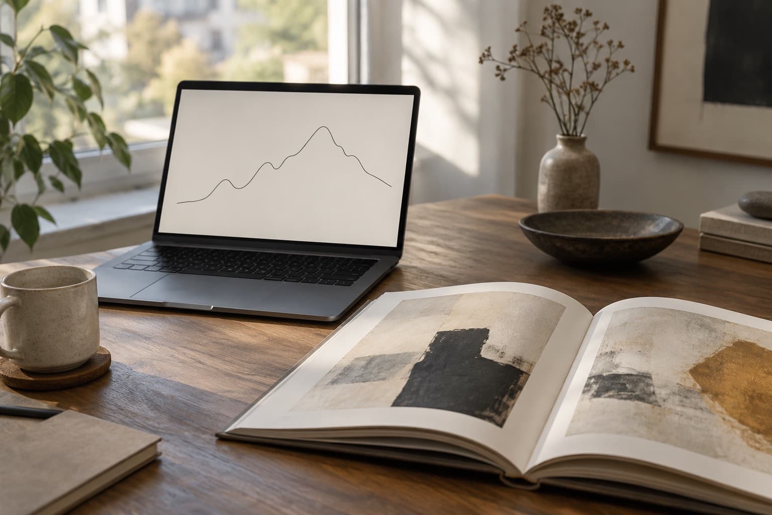 Laptop with a line chart beside an open art book