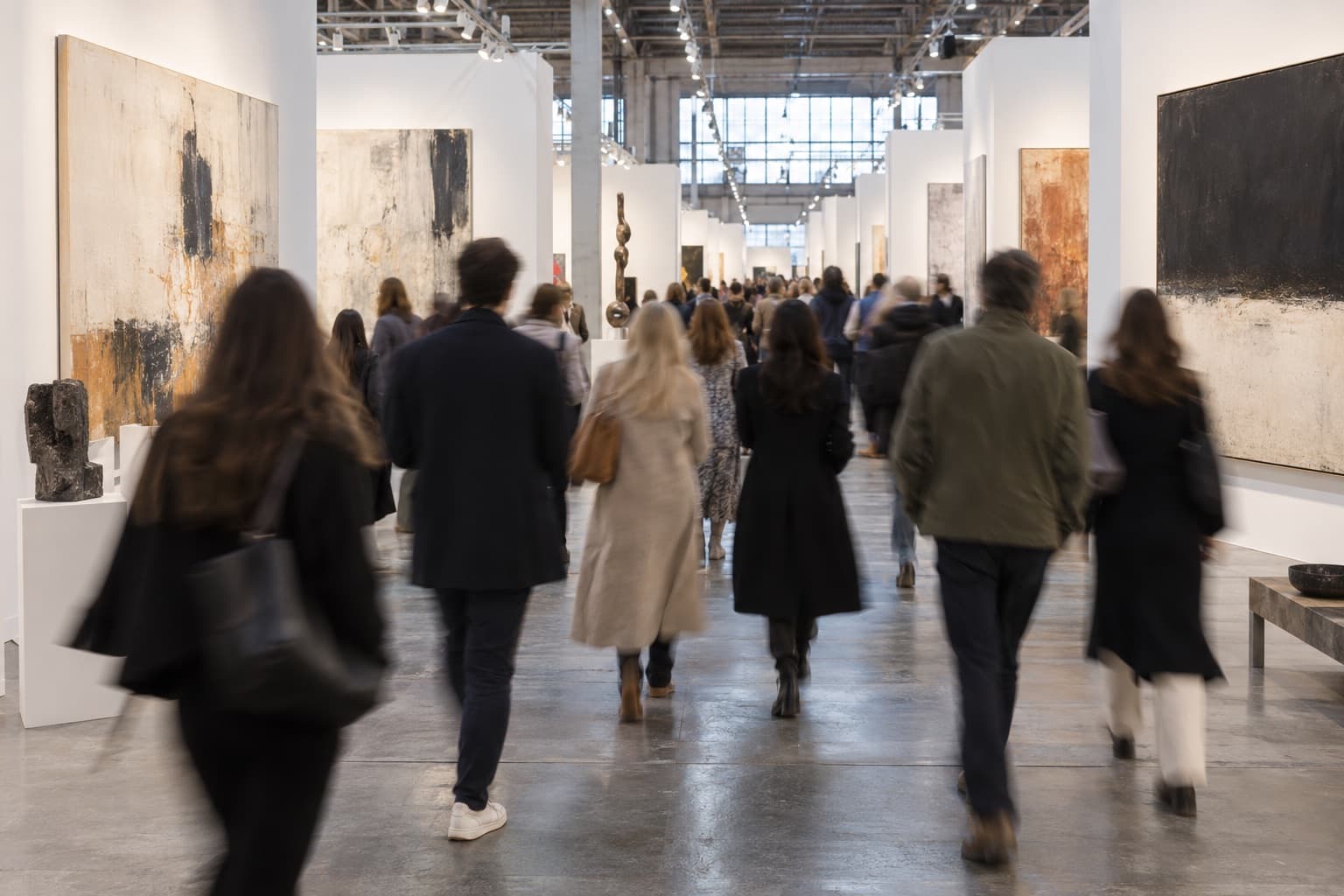 Art fair aisle with white booths, large canvases and visitors seen from behind